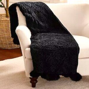 Fierce Home Cable Knit Chenille Throw with Faux Fur Pom-poms